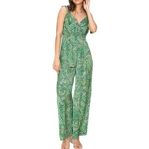 Boho Green Paisley Wide-Leg Jumpsuit - Adjustable Tie Straps - Size L